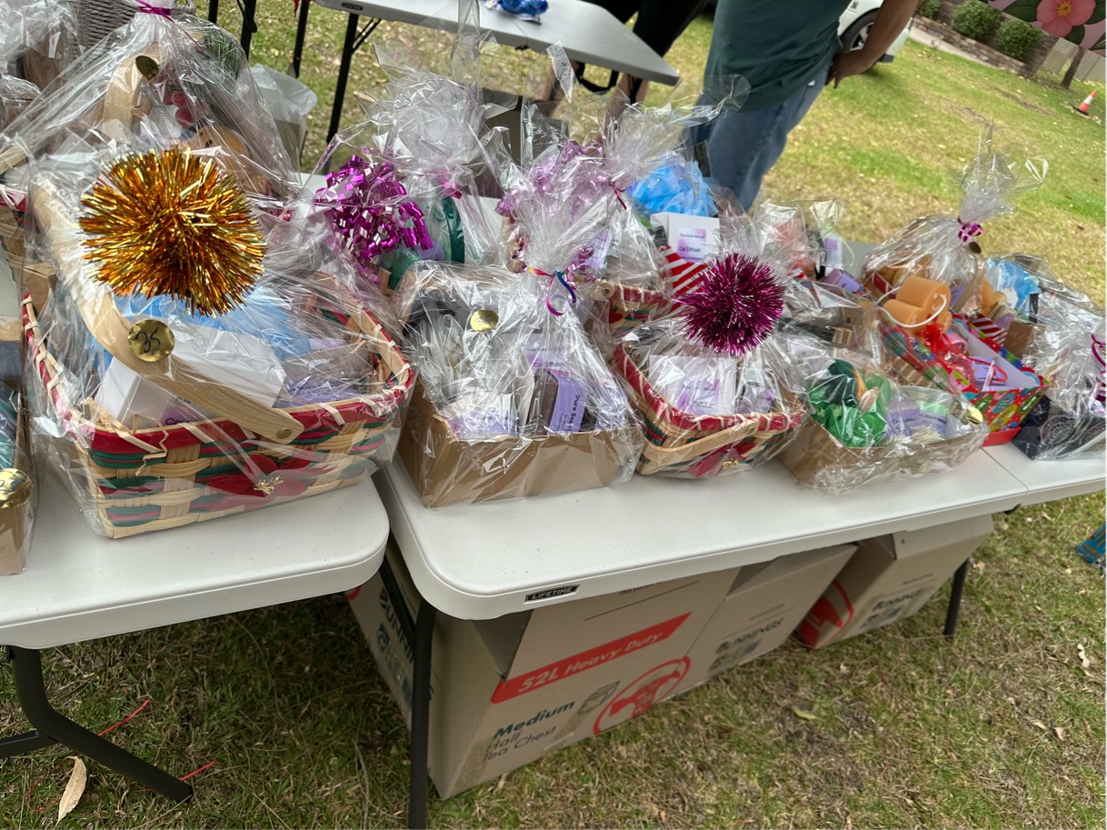 Wrapped gift baskets at the market